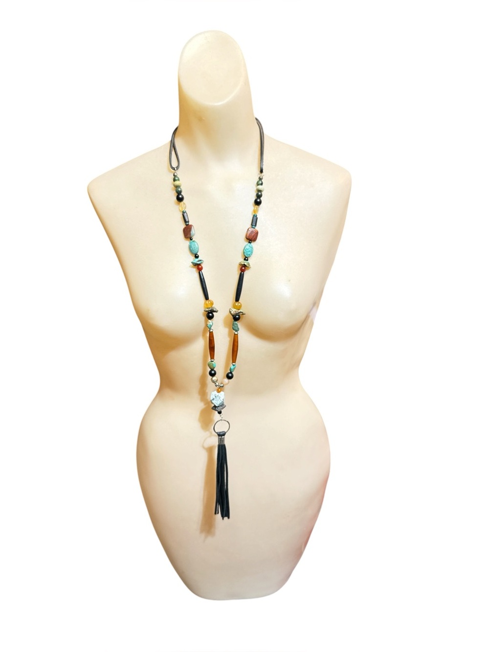 Artisan Southwest Turquoise Buffalo Horn Leather Lariat Tassel Necklace 29-37” - Picture 2 of 7